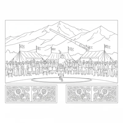 A Highland games scene with a caber toss event in the center, a simple coloring page