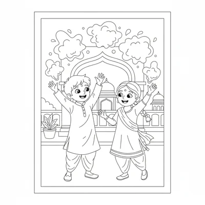 A Holi festival scene with two figures tossing handfuls of powder at each coloring page