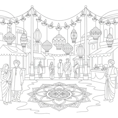 A Indian Diwali street celebration scene with strings of diyas lining coloring page