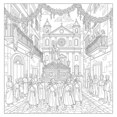 A Italian Easter procession scene with a statue on a float being carried coloring page