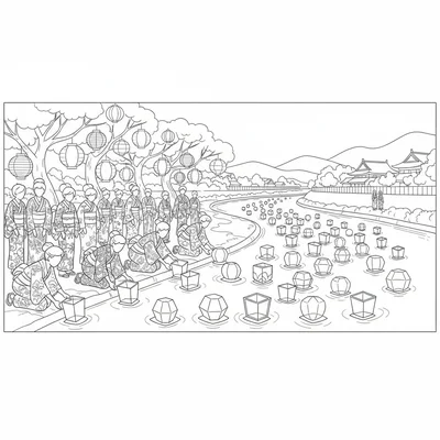 A Japanese Obon festival river lantern-floating scene with a riverbank lined coloring page