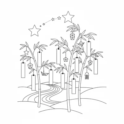 A Japanese Tanabata star festival scene with simple bamboo stalks hung coloring page