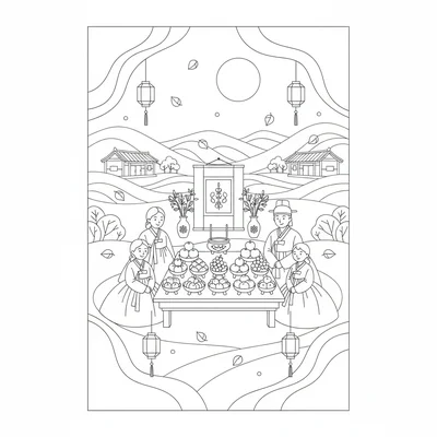 A Korean Chuseok harvest festival scene with a spread of Chuseok dishes coloring page