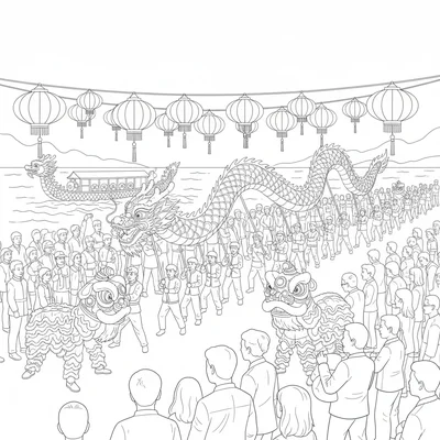 A Lunar New Year dragon parade scene with a long fabric coloring page
