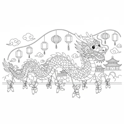 A Lunar New Year dragon with a long stylized serpentine body and a round coloring page