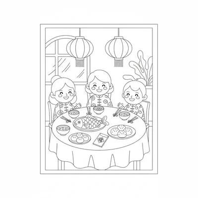 A Lunar New Year family dinner table scene with a round table holding a whole coloring page
