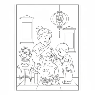 A Lunar New Year red envelope gifting scene with a grandparent seated coloring page