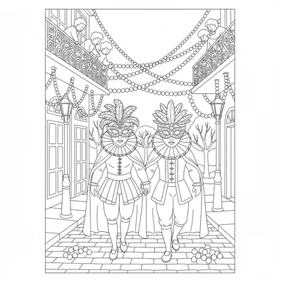 A Mardi Gras celebration scene with a couple in colorful masquerade masks coloring page
