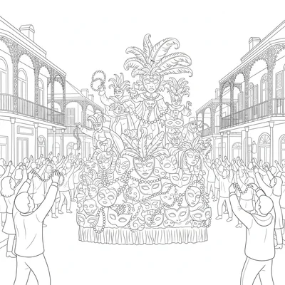 A Mardi Gras parade float scene with a decorated float covered in masks coloring page
