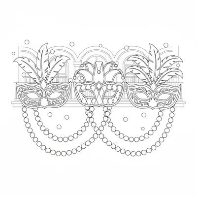 A Mardi Gras scene with three masks on display, one gold, one green, one coloring page