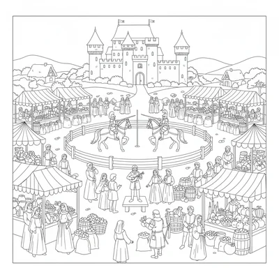 A medieval-style harvest fair scene with a jousting ring, market stalls coloring page