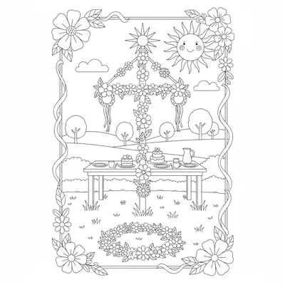 A Midsommar Swedish midsummer scene with a simple floral maypole in a meadow coloring page