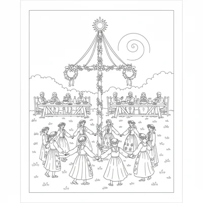 A Midsommar Swedish scene with flower-decorated maypole at the center coloring page