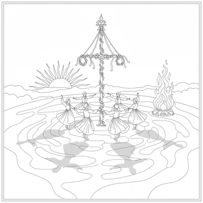A Midsummer Eve scene with a maypole decorated with flowers coloring page