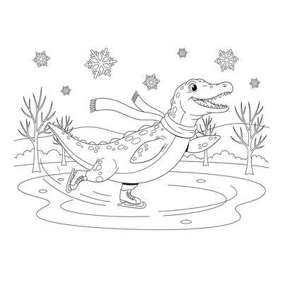 A Mosasaurus ice skating on a frozen pond, wearing a scarf that trails behind,… coloring page