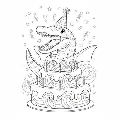 A Mosasaurus wearing a party hat emerging from a birthday c… coloring page