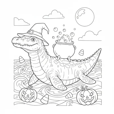 A Mosasaurus wearing a witch hat, swimming through the ocean with a cauldron ba… coloring page