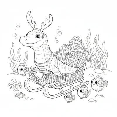 A Mosasaurus wearing reindeer antlers, pulling an underwater sled loaded with s… coloring page