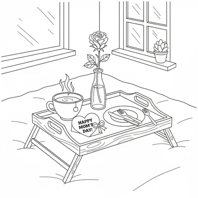 A Mother's Day breakfast tray scene with a simple wooden tray holding a teacup coloring page
