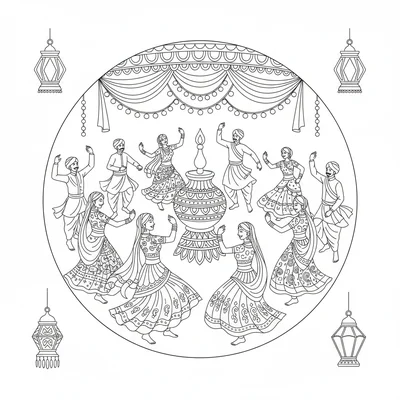 A Navratri Garba dance celebration scene with a circle of dancers around coloring page