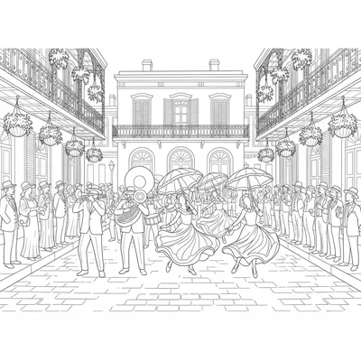 A New Orleans jazz second line parade scene with a brass band playing coloring page