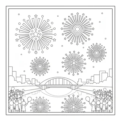 A New Year's Eve fireworks display over a river scene with four large coloring page