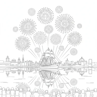 A New Year's Eve ship fireworks display on a harbor with multiple fireworks coloring page