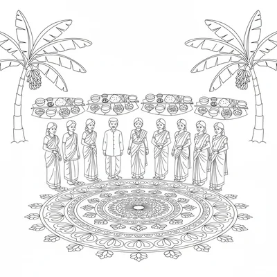 A Onam Kerala harvest festival scene with a large round coloring page