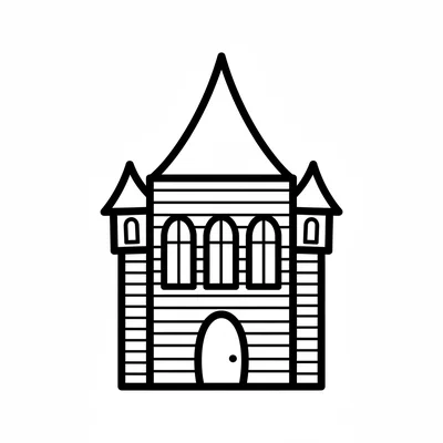 A simple outline drawing of a haunted house with a tall pointed roof, two small coloring page