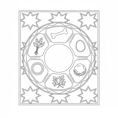 A simple Passover Seder plate arrangement viewed from above on a table coloring page