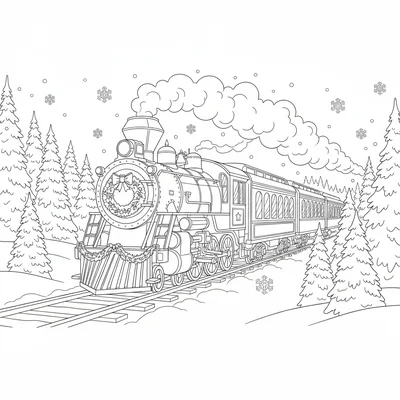 A polar express style Christmas train scene with a steam locomotive decorated coloring page