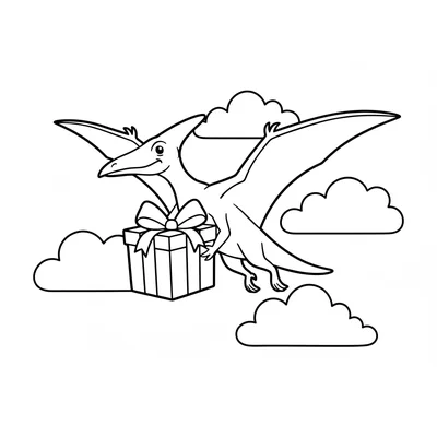 A Pteranodon flying through the sky carrying a large wrapped present in its cla… coloring page