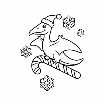 A Pteranodon perched on a large candy cane, wearing a tiny Santa hat, wings fol… coloring page