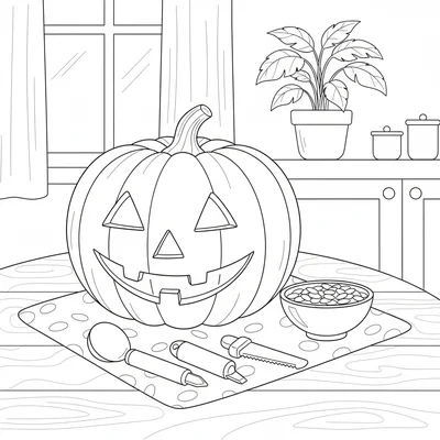 A pumpkin carving scene at a kitchen table with a large uncarved pumpkin coloring page