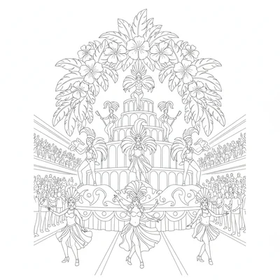 A Rio Carnival parade scene with a massive float with tiered samba dancer coloring page