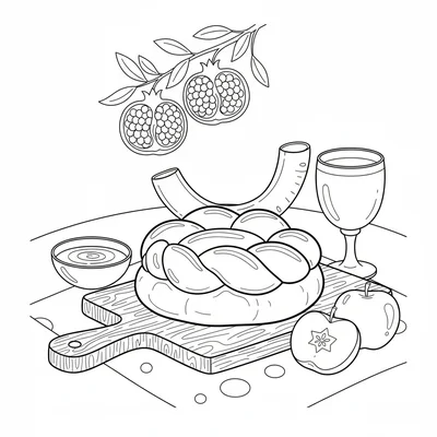 A Rosh Hashanah scene with a round braided challah bread on a cutting board coloring page