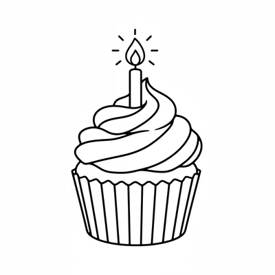 A simple round birthday cupcake with a tall swirl of frosting and one lit coloring page