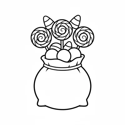 A simple round candy bag overflowing with various candy shapes, striped coloring page