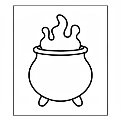 A round cauldron with a wide round belly, short stubby legs, a flat rim coloring page
