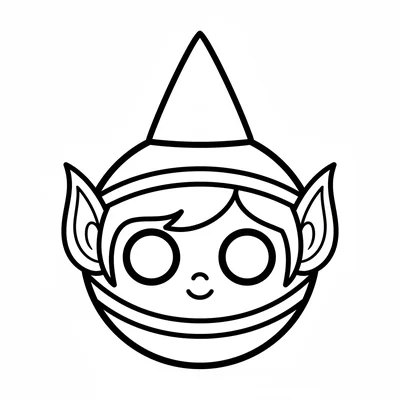 A simple round Christmas bauble with an elf face decorating it, pointy ears coloring page