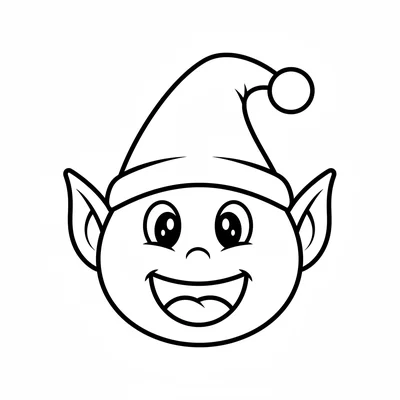A simple round Christmas elf head with a pointed hat, pointy ears, a wide grin coloring page