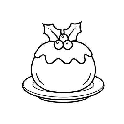 A simple round Christmas pudding on a serving plate with a sprig of holly coloring page