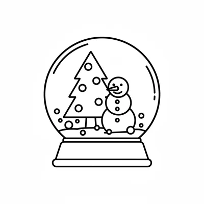 A simple round Christmas snow globe with a small Christmas tree and a snowman coloring page
