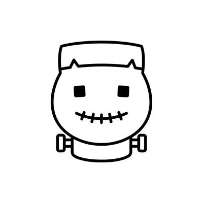A round cute Frankenstein's monster face with a flat-top rectangular head, two coloring page