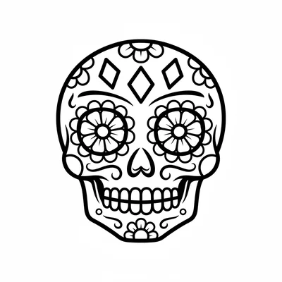 A simple round Day of the Dead sugar skull face with symmetrical floral designs coloring page