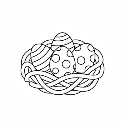 A simple round Easter nest made of twigs with three decorated eggs inside coloring page
