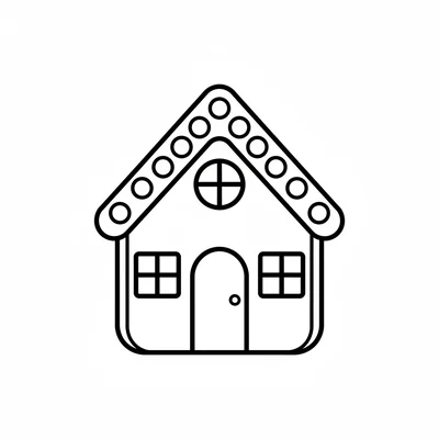 A round gingerbread house shape viewed from the front with a triangular roof coloring page