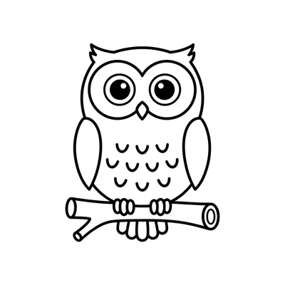 A round owl perched on a branch stub, viewed from the front, with two large coloring page