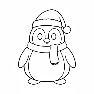 A simple round penguin wearing a Santa hat on its head and a scarf around its coloring page