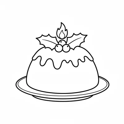 A round plum pudding domed shape on a plate, with a sprig of holly on top coloring page
